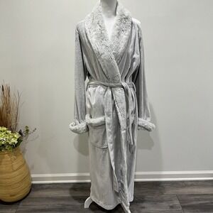 Pottery Barn Womens Faux Fur Long Thick Plush Robe Gray L Belted Cozy Classic